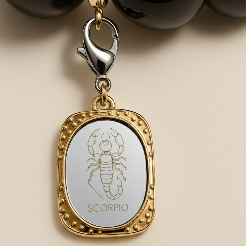 Gold pendant with Scorpio symbol and 'SCORPIO' text on a beige background