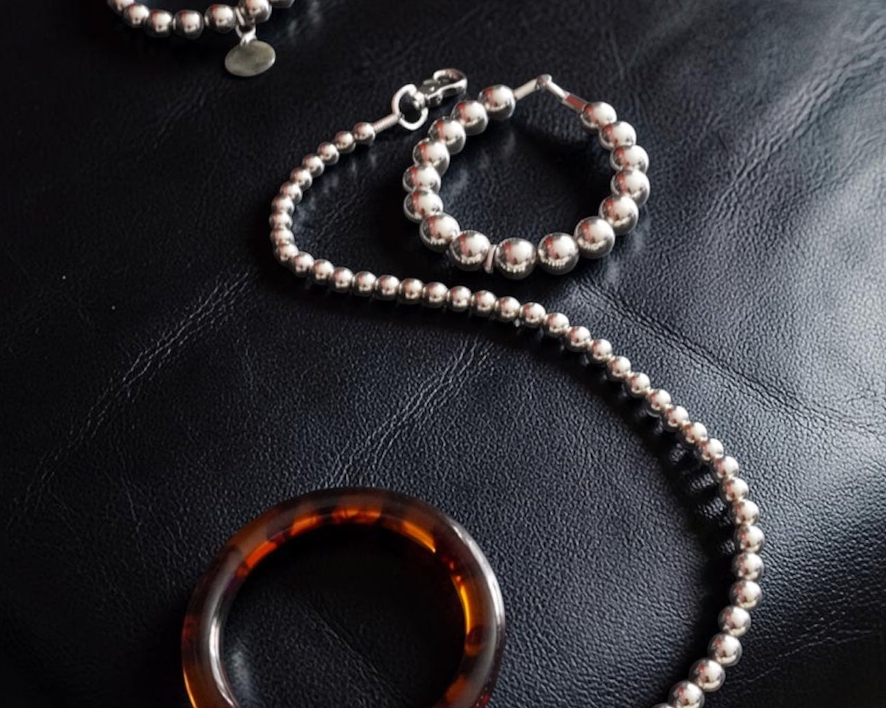 Silver collar and leash set on a dark surface