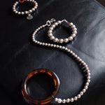 Silver collar and leash set on a dark surface